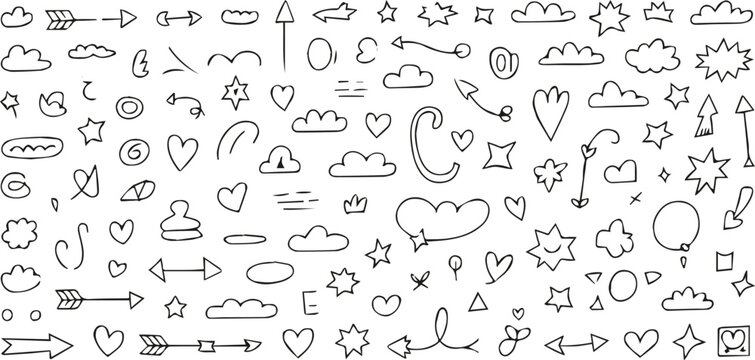 doodle seamless repeat pattern of hand drawn clouds hearts arrows stars