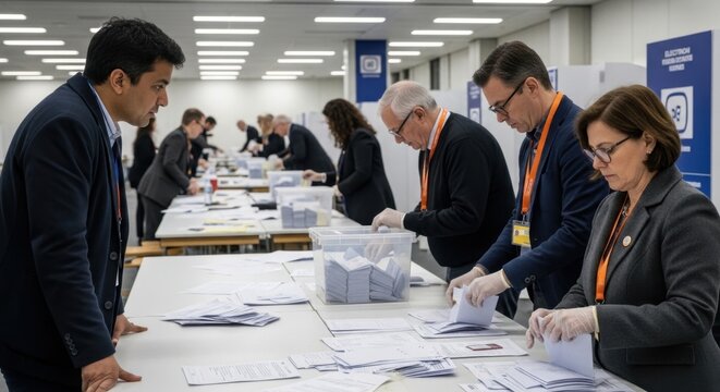 Election day: Capturing the meticulous process of election officials at work, as they carefully tabulate ballots within a polling station, ensuring the integrity of the democratic process. 