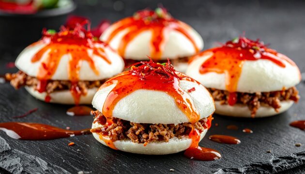 Fluffy steamed buns filled with savory minced pork and drizzled with spicy chili oil