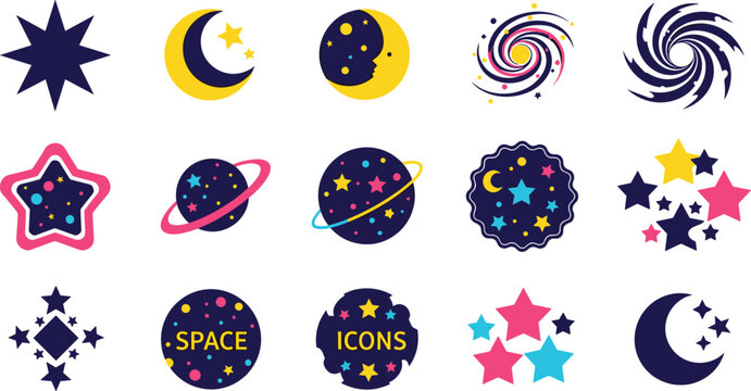 Space Star and Galaxy Cartoon Vector Icon Set on White Background