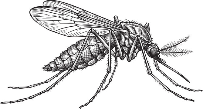 Detailed mosquito insect illustration, vintage hand-drawn vector engraving for medical research and pest control concept.