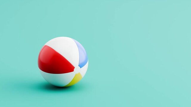 Beach Ball Rolling Slowly from Left to Right and from Right to Left on Blue Background with Copy Space, Seamless Loop 3D Animation