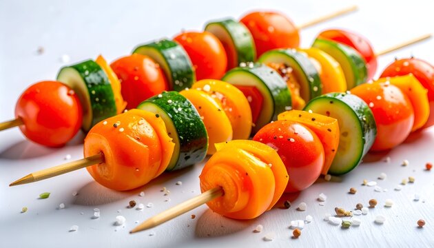 Veggie skewers cherry tomatoes, zucchini slices, yellow bell peppers on skewers
