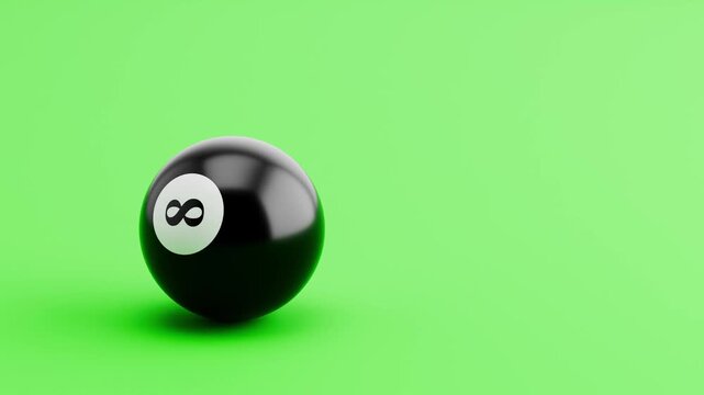 Pool 8 Black Ball Rolling Slowly from Left to Right and from Right to Left on Green Background with Copy Space, Seamless Loop 3D Animation