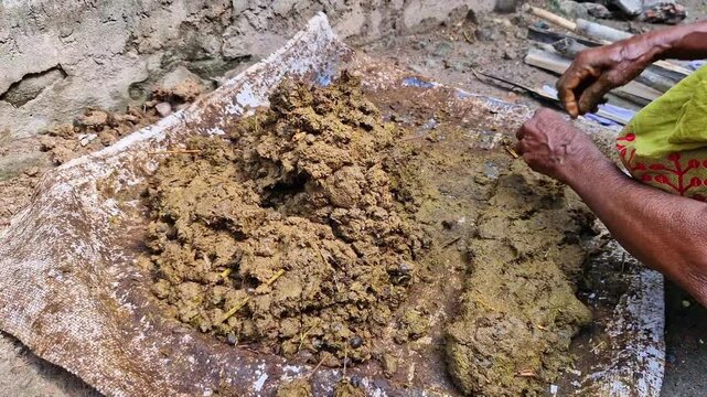 Traditional cow dung fuel preparation by hand in rural village, organic biofuel making process, close up natural texture, authentic countryside lifestyle, cinematic realistic documentary 4k footage