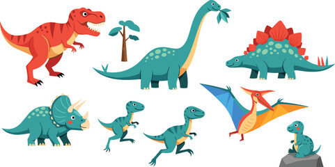 Dinosaur Icon Set Featuring T-Rex, Stegosaurus, Triceratops, Brachiosaurus, and Pterodactyl for Prehistoric Animal Designs © MdMojnu
