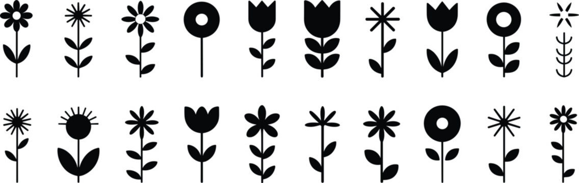 Collection of black silhouette flower with stems and leaves on white background