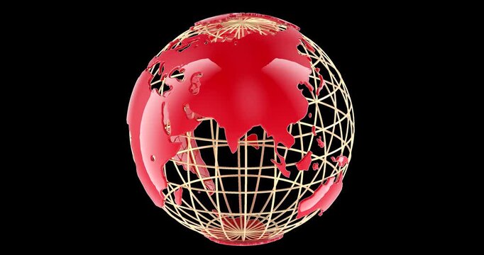 Red globe with golden wireframe rotation animation seamlessly loopable. 3D rendering isolated on transparent background