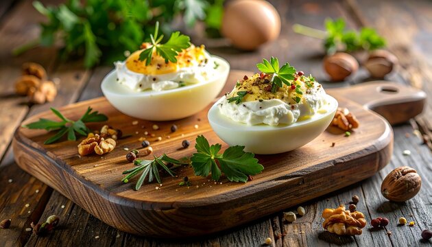 Deviled eggs with herbs on wood board,rustic style, close-up