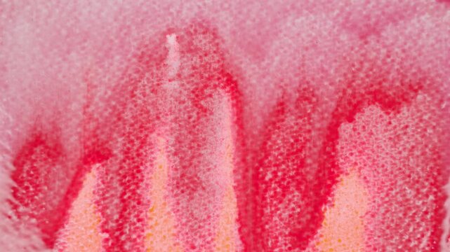 Close up of red watercolour drawing paints on paper. Artist draws with a brush, liquid analog effects for background with copy space for text in center. 