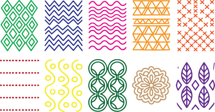 Set of colorful abstract geometric patterns and shapes on transparent background.