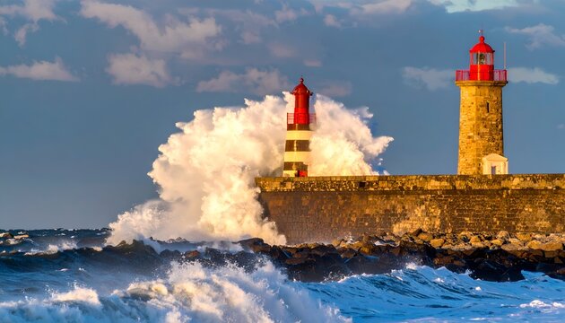 Lighthouse row at breakwater battered by large waves against a cloudy sky