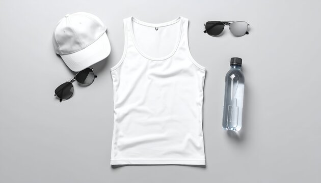 White tank top, cap, sunglasses, water bottle laid on flat gray surface
