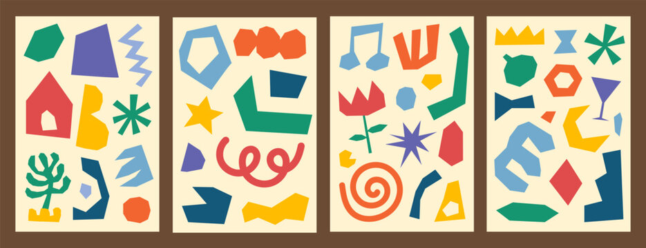 Set of modern abstract geometric paper cut posters with organic shapes. Vector Illustration