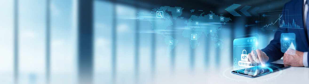 Businessman using digital tablet to monitor Secure Coding and global vulnerability data source code protection, software integrity, bug patching, and cyber-resilient development.