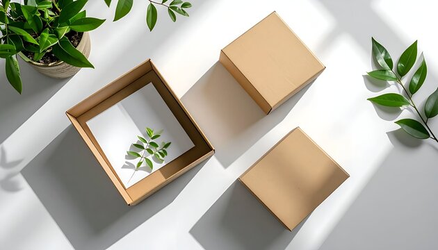 Open box, closed box, greenery, white background, light and shadow