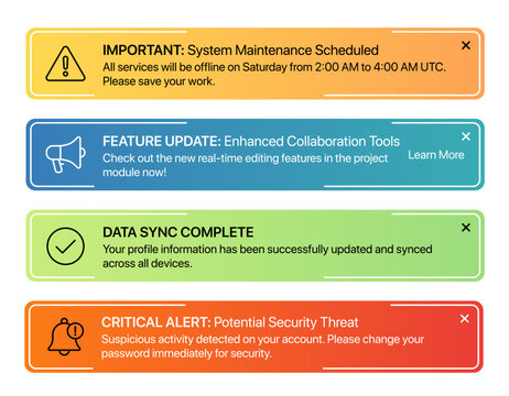 System Notification Banner Set UI Alert Messages Update Warning Status and Information Panels for Dashboard Interface Design
