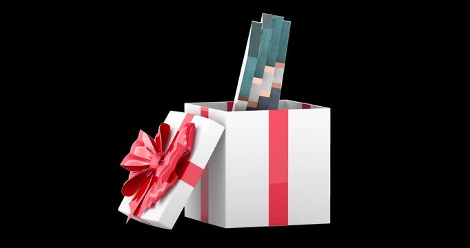 Gift box with dollar bills rotation animation seamlessly loopable. 3D rendering isolated on transparent background