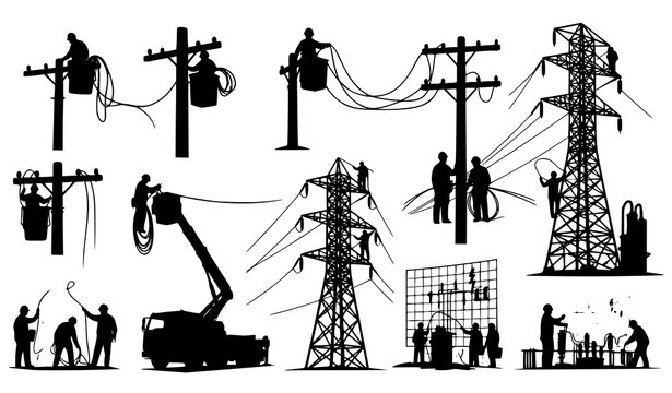 A silhouette vector set of professional linemen repairing electric utility poles and maintaining power lines. Includes electrical grid workers climbing transmission towers, fixing cables, handling too