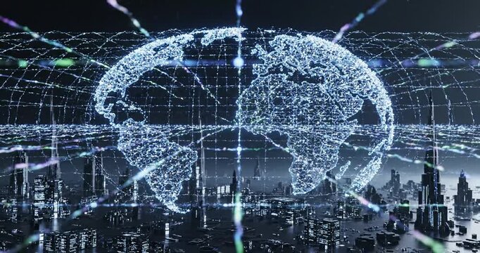 Futuristic digital globe overlaying a city skyline, showcasing global connectivity and technology