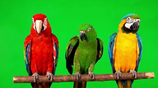 Three vibrant parrots a red macaw a green parrot and a blue and yellow macaw perched on a branch ready for chroma key compositing on a green screen background