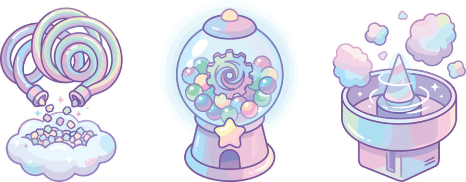 Vector Set of Pastel Candy Icons Featuring Lollipops, Gumball Machine, and Cotton Candy Machine for Sweet Treats, Dessert, and Confectionery Illustration Designs