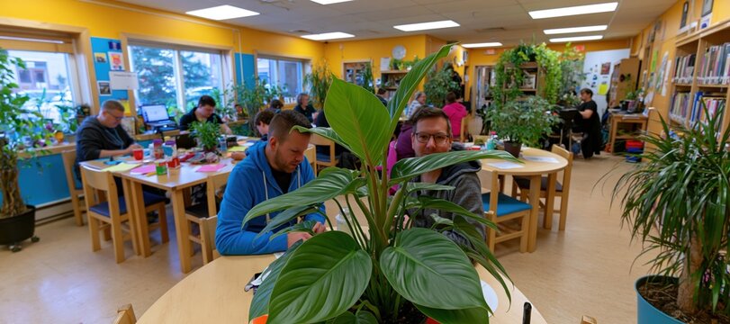 Mentors collaborating on community projects in school library makerspace