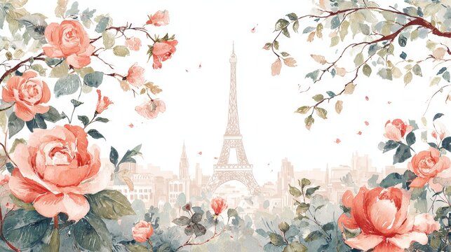 Pastel botanical scene with roses, leaves, and a Paris skyline silhouette