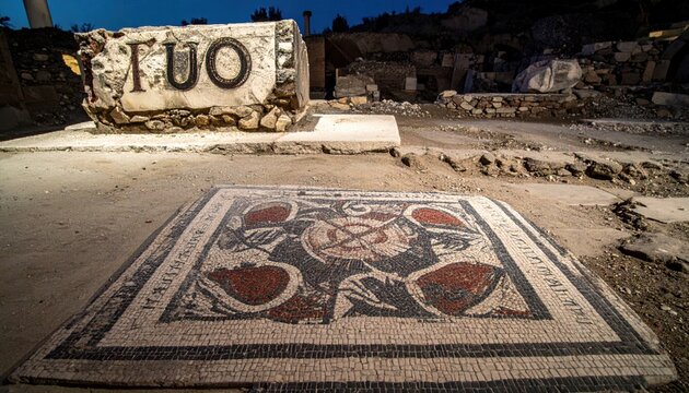 Ancient Roman mosaic floor with intricate patterns and partially visible script, archaeological site