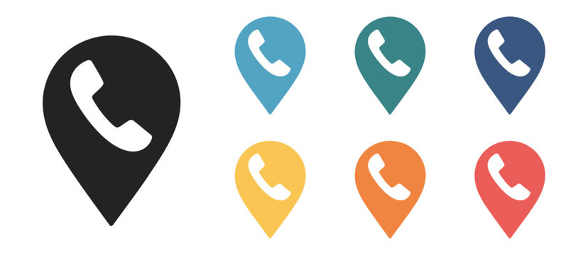Telephone handset and map marker icon set for call concept, location-based contact, and communication illustration design.