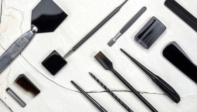 Arrangement of sharpened obsidian stone tools with deliberate pattern on light textured surface