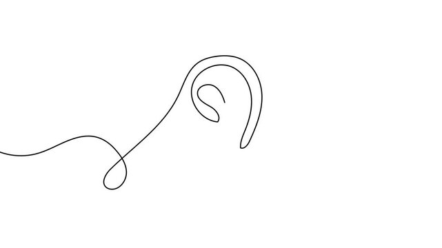 Continuous one line ear hear listen art drawing deaf icon vector. Human ear hear aid day concept health single world person earphone outline element white design sound abstract silhouette illustration