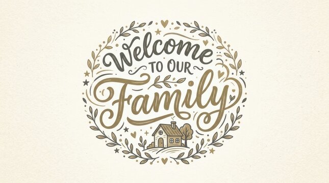 Welcome to Our Family, hand drawn lettering logo icon in trendy golden grey colors. Vector phrases elements for nursery, postcards, banners, posters, mug, scrapbooking, pillow case and other design.