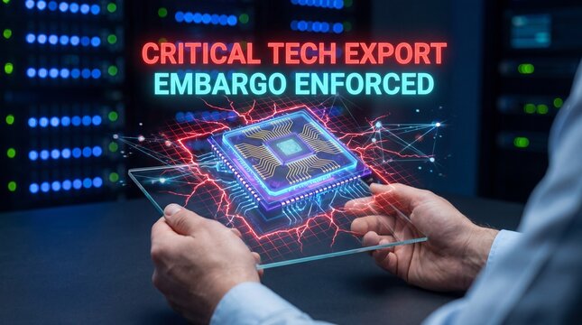 A professional engineer holding a digital tablet showcasing a glowing microchip processor with critical trade embargo text displayed above it