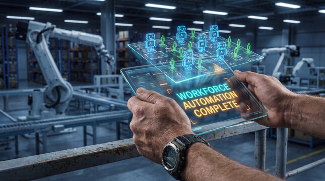 Technician holds a transparent tablet displaying workforce automation data with holographic robot icons inside a modern high tech manufacturing facility