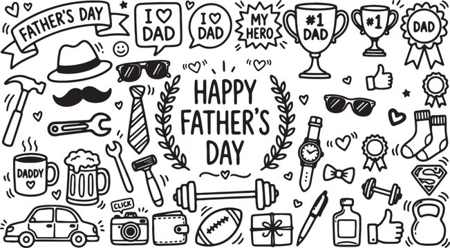Happy father's day doodle collection of gifts and symbols with number one dad my hero hand drawn