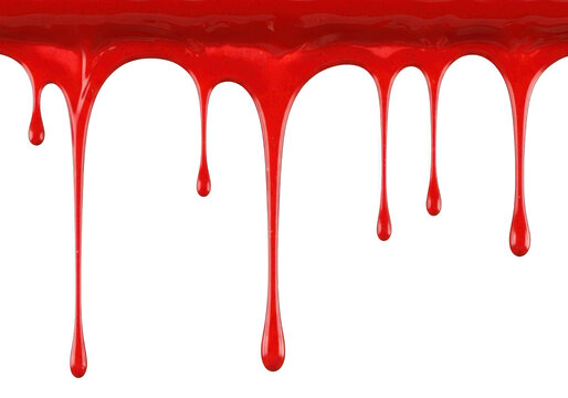 Red liquid dripping from surface in abstract pattern isolated on transparent background