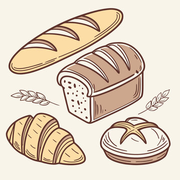 Various types of bread and loaf on table