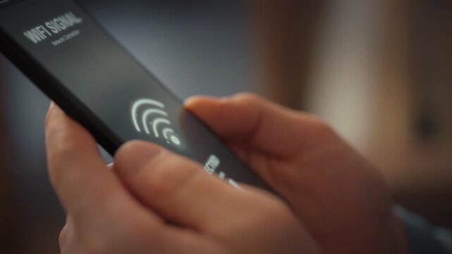 A man's hands grip a smartphone, scanning for nearby wireless networks. The screen lists available Wi-Fi and the device instantly connects to the internet, showcasing seamless digital access