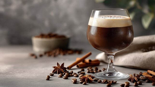 Cold espresso martini cocktail in a stemmed glass with thick foam. Iced coffee beverage with roasted beans, cinnamon and star anise on a gray background. Copy space for text