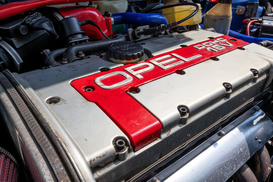 Gummersbach, Germany - May 9, 2026: legendary C20XE engine, a 2.0-liter, 16-valve, Double Overhead Camshaft (DOHC) inline-four engine produced by Opel
