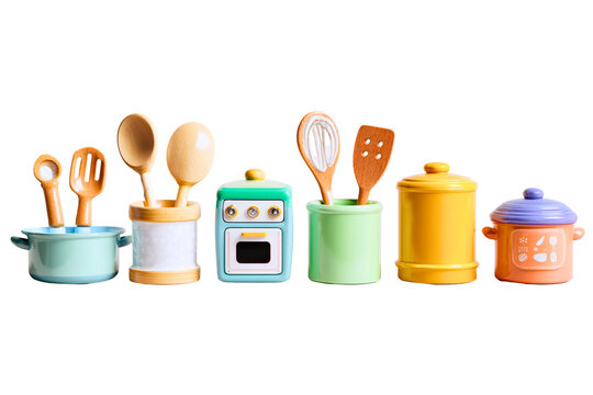 premium children kitchen utensils, vibrant toy cooking accessories with modern cartoon styling and realistic plastic texture, fun pretend cooking playset concept, isolated on a clean white background,