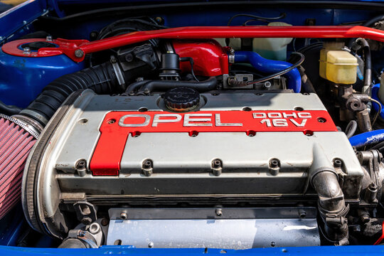 Gummersbach, Germany - May 9, 2026: legendary C20XE engine, a 2.0-liter, 16-valve, Double Overhead Camshaft (DOHC) inline-four engine produced by Opel