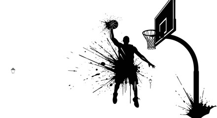 Slam Dunk Silhouette: A dynamic silhouette of a basketball player executing a slam dunk against a backdrop of artistic ink splatter, representing energy and precision. © Dicky