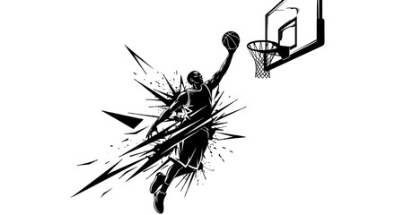 Dynamic Basketball Dunk: A silhouette of a basketball player executing a powerful dunk, poised in mid-air, ball in hand, soaring towards the hoop, conveying athleticism and competitive spirit.  © Dicky