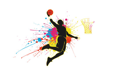 Slam Dunk Silhouette: A dynamic silhouette captures the peak of athletic prowess as a basketball player soars through the air, executing a powerful slam dunk against a vibrant, splash-filled backdrop. © Dicky