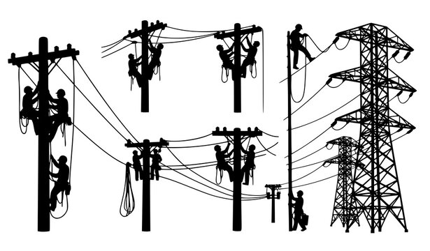 Power infrastructure silhouette vector set electrical maintenance and lineman workers