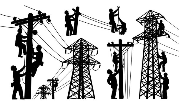 Electric lineman workers silhouette vector set power line repair and utility maintenance