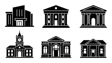 Fototapeta premium Set of Six Classic and Modern Building Icons, Architectural Silhouettes for Government, Education, and Business Concepts, Vector Graphics