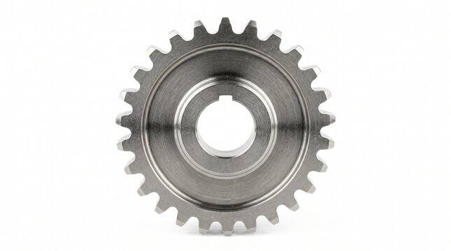Detailed photograph of a circular metal sprocket gear with evenly spaced teeth, sharp focus and clean composition. Isolated on white background. 